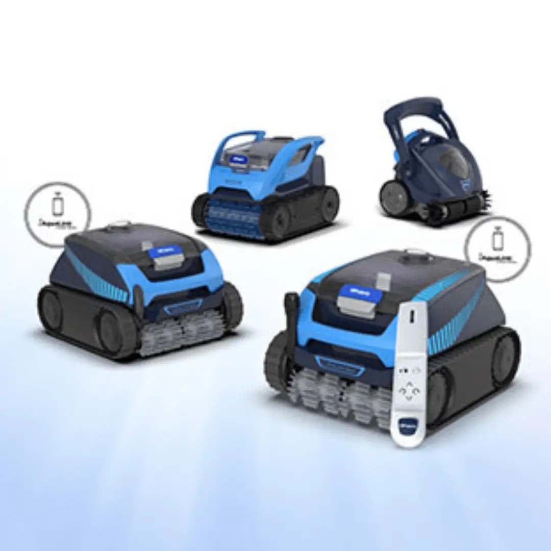 A marketing image showcasing four different models of Polaris robotic pool cleaners in various shades of blue and black. The models are arranged on a light blue gradient background. Two models are marked with circular icons displaying a smartphone, indicating iAquaLink app connectivity, and the model in the bottom right foreground is shown with its white handheld remote control.