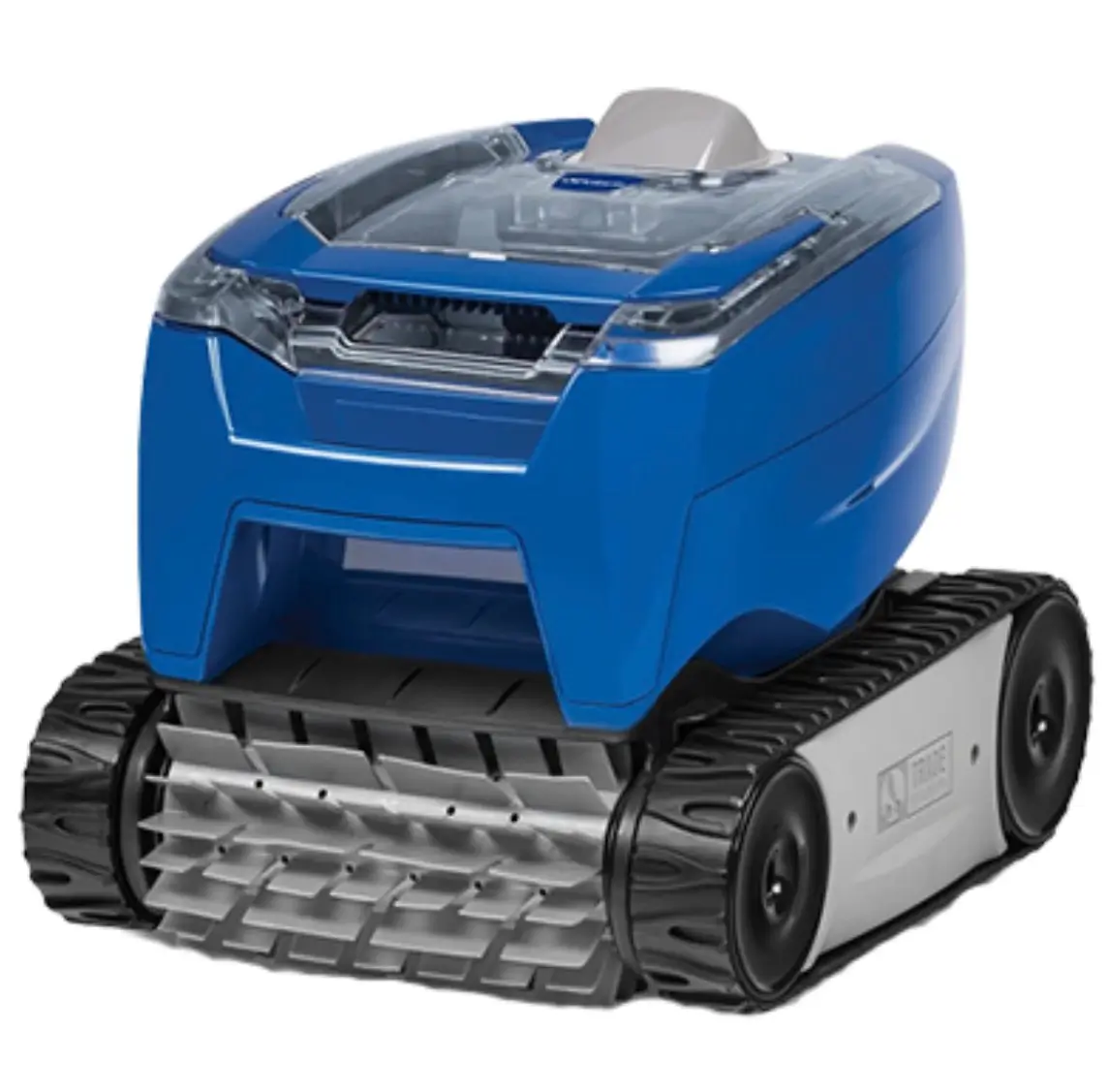 A front-side view of a blue and grey Polaris robotic pool cleaner featuring a large, grey scrubbing brush and black tank-style tracks for mobility.