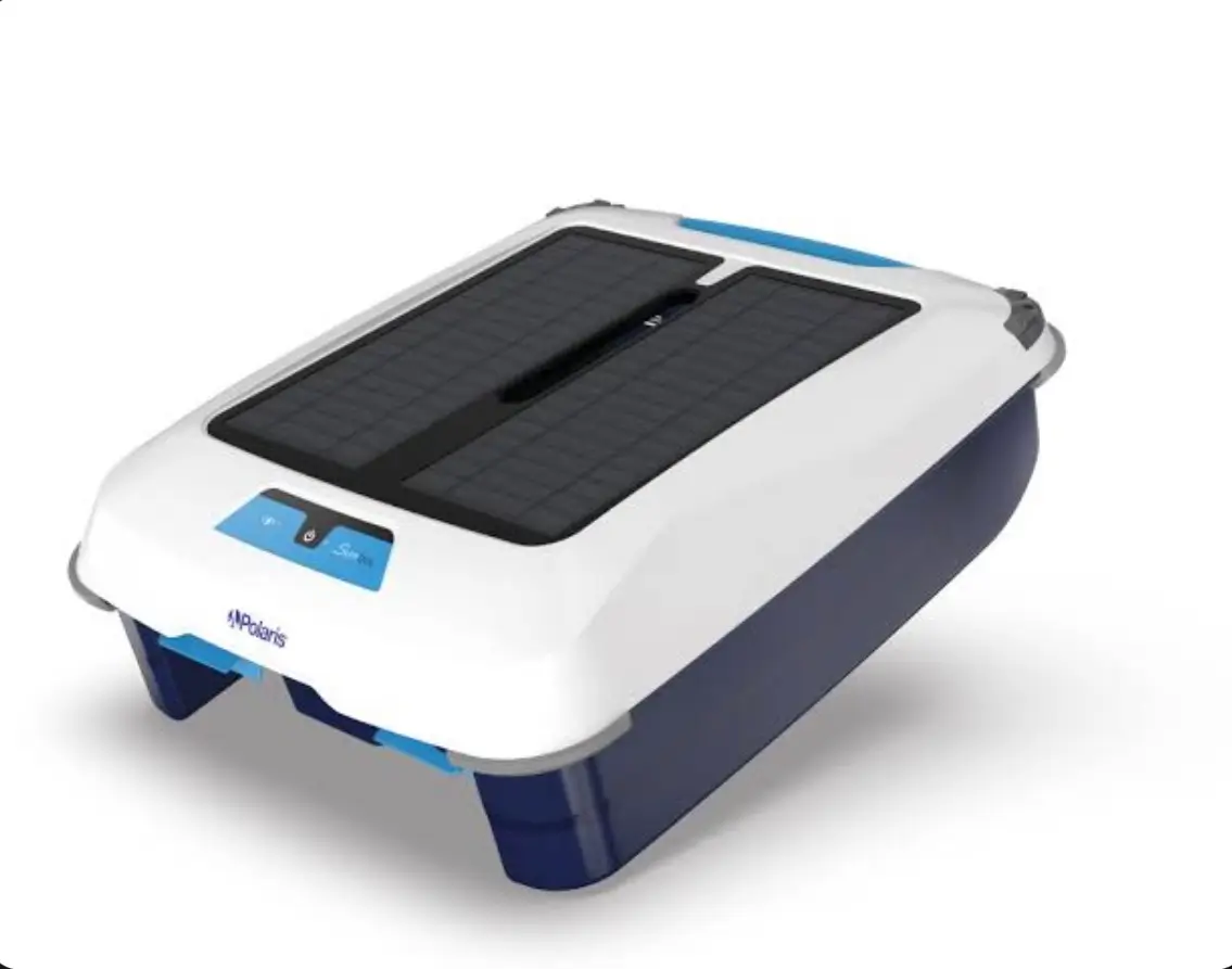 A sleek, white and blue rectangular pool surface skimmer with two large solar panels on its top surface.