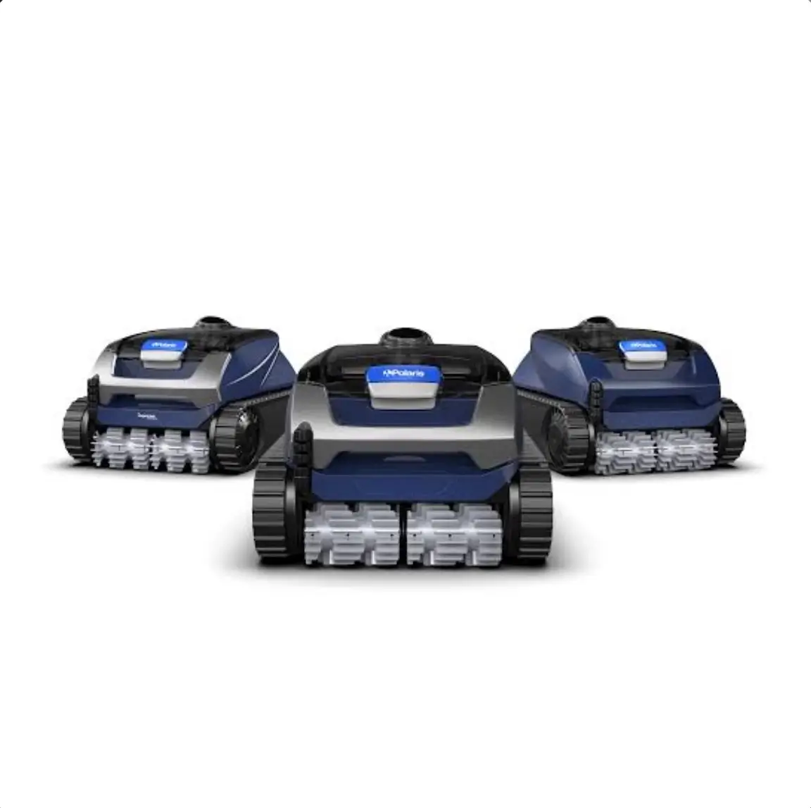 Three Polaris Alpha iQ robotic pool cleaners with blue and silver bodies and black tank tracks, positioned together against a clean white background.